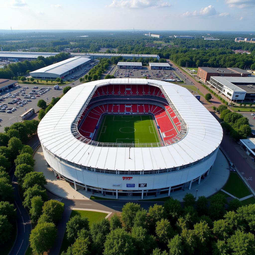 Die BayArena in Leverkusen aus der Vogelperspektive