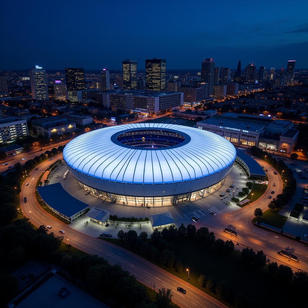 Die BayArena aus der Vogelperspektive bei Nacht