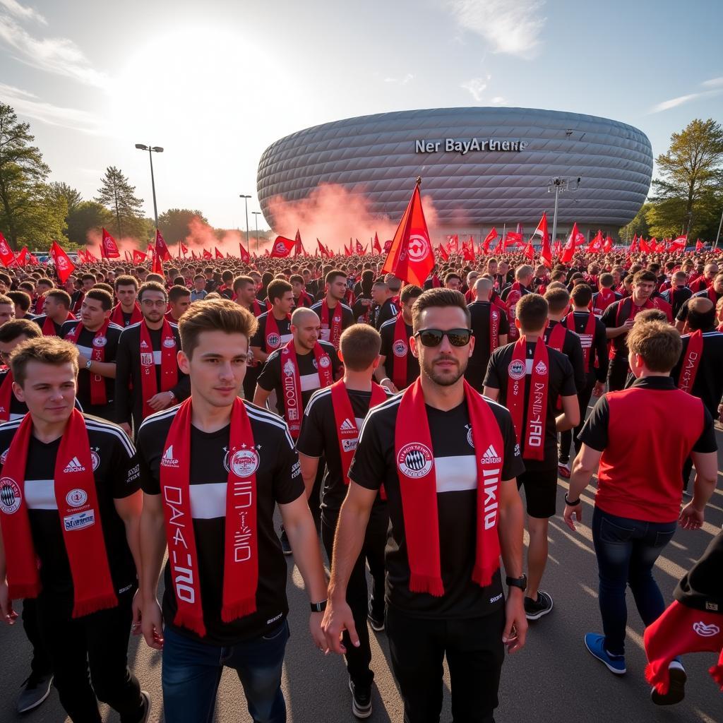 Fußballfans auf dem Weg zur BayArena in Leverkusen Opladen