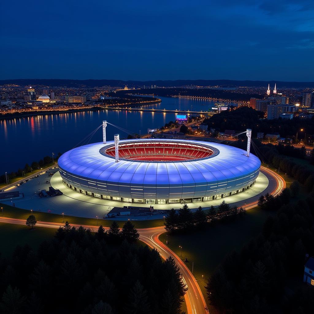 Die BayArena am Rheinufer bei Nacht