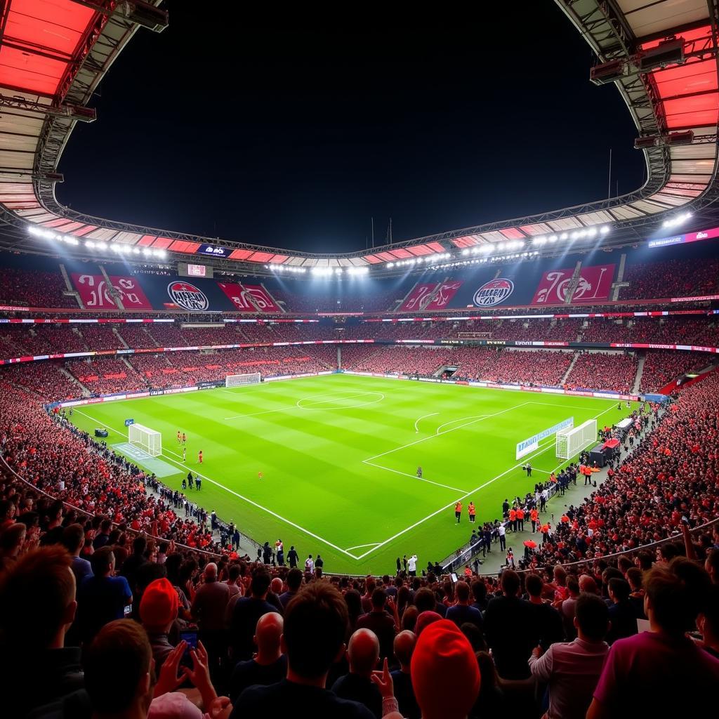 Die BayArena erstrahlt in den Farben von Bayer 04 Leverkusen während eines Heimspiels