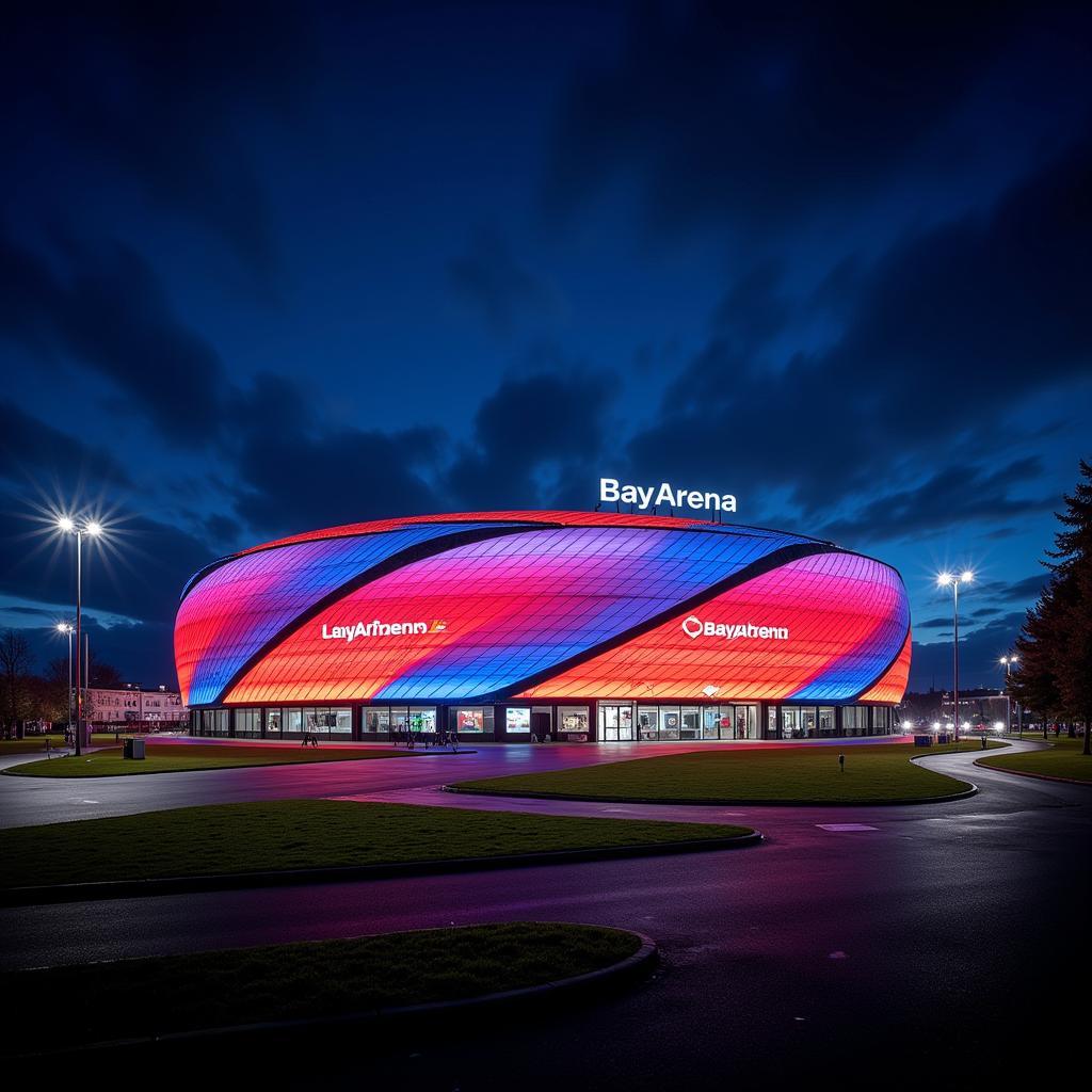 Atemberaubende Außenansicht der BayArena in Leverkusen bei Nacht