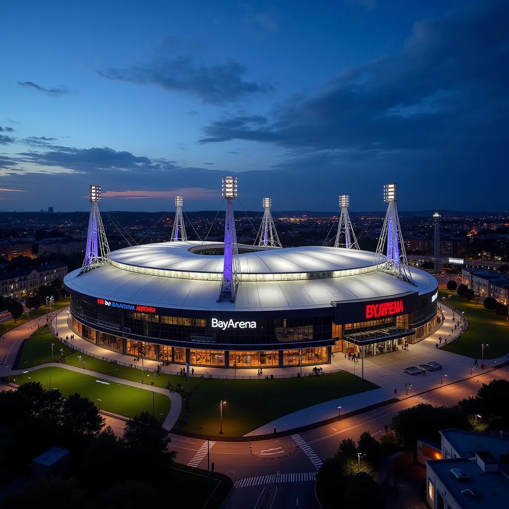 Die BayArena im Abendlicht