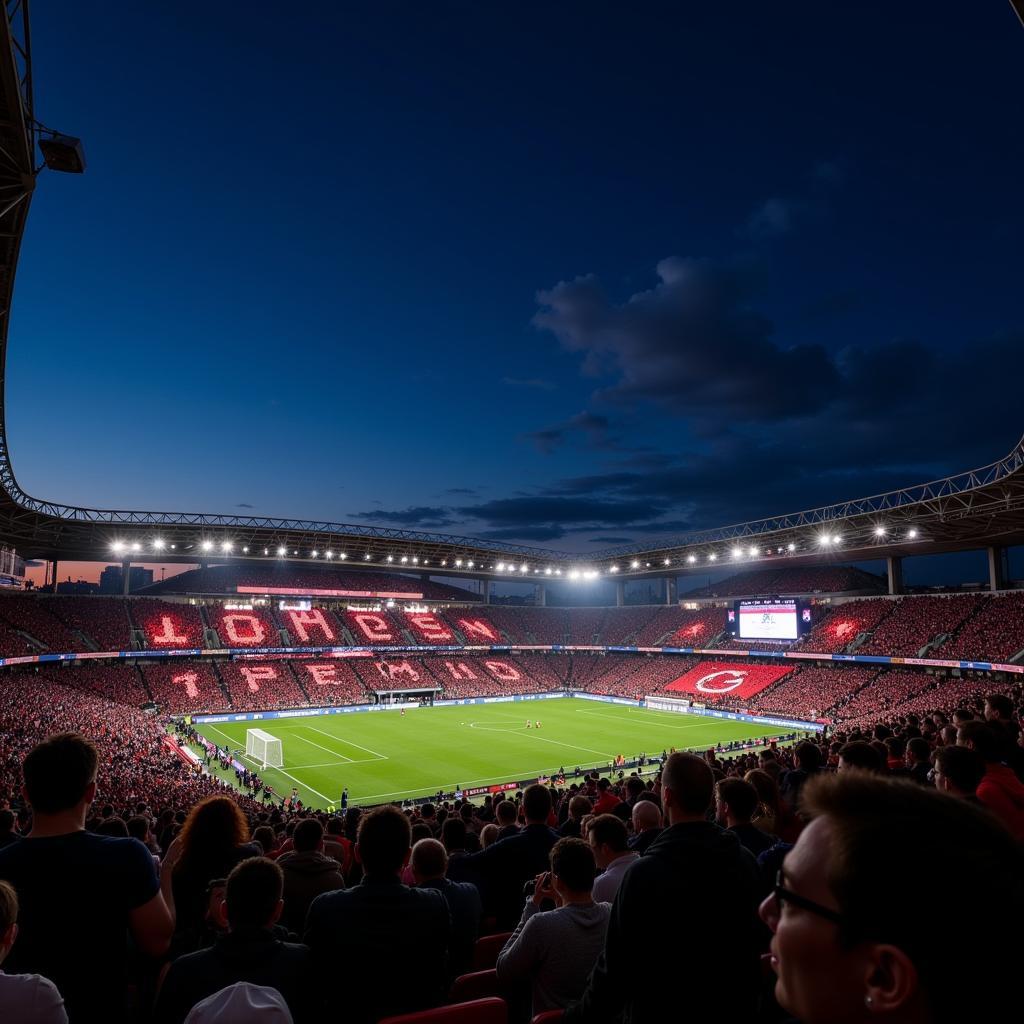 Die beeindruckende BayArena in Leverkusen bei Nacht