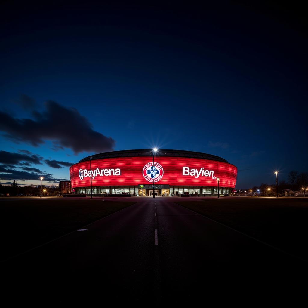 Die BayArena in Leverkusen bei Nacht