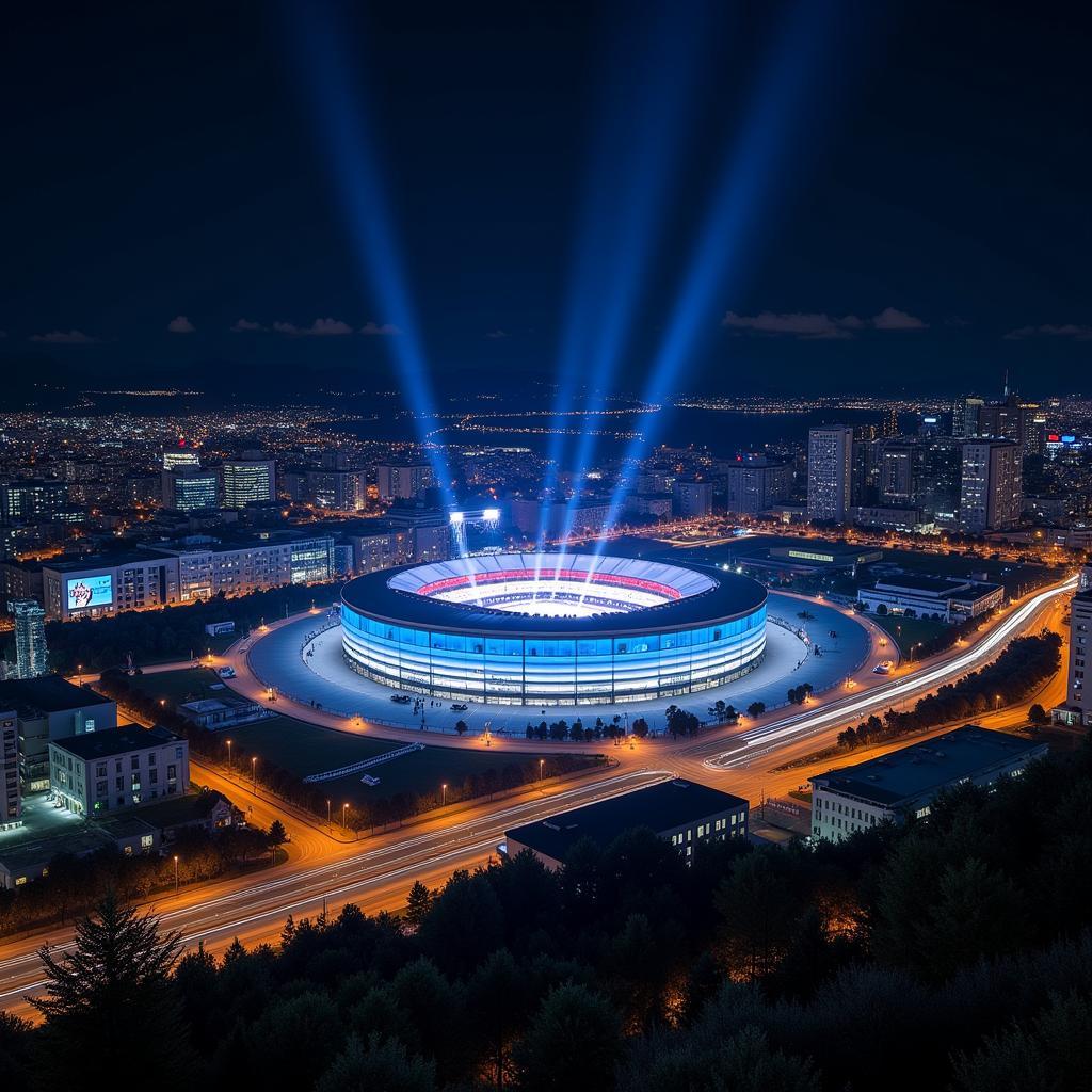 Panorama der BayArena bei Nacht