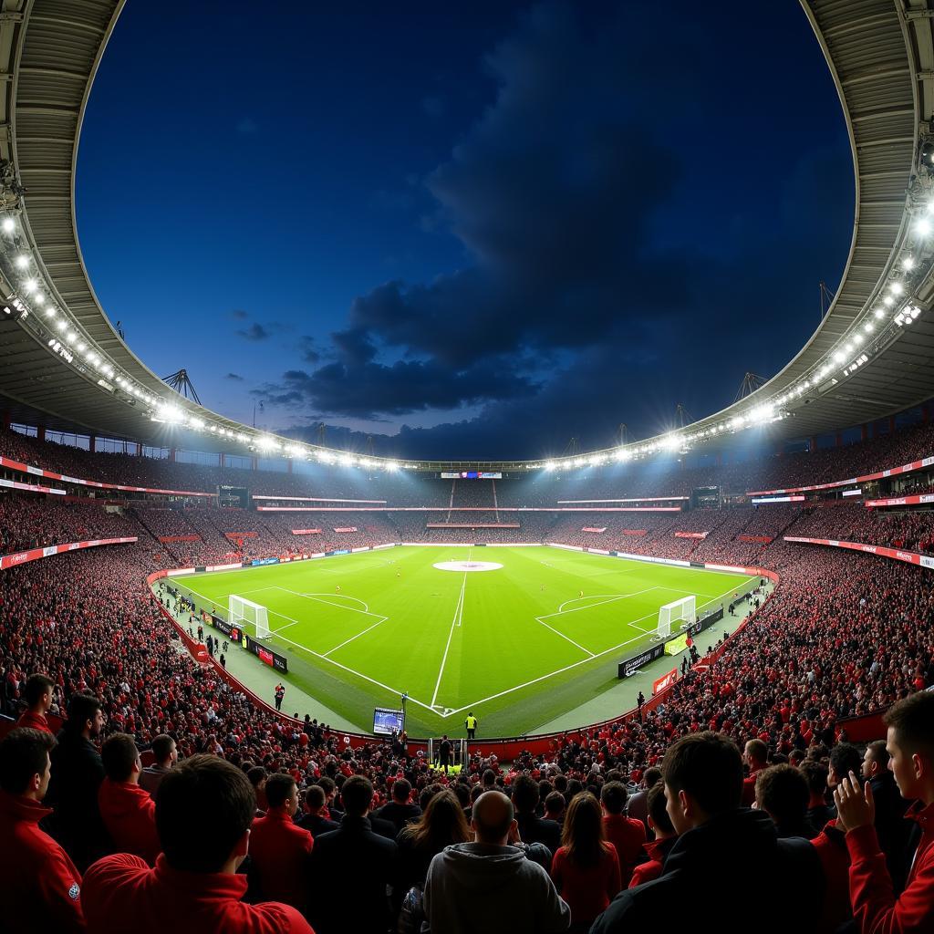 Die BayArena erstrahlt im Flutlicht vor einem wichtigen Spiel.