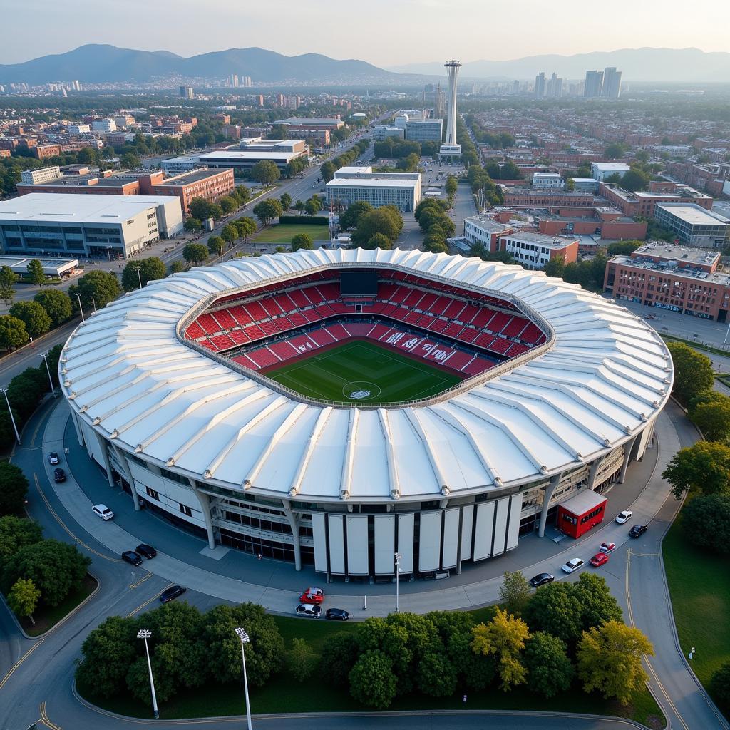 Die BayArena: Moderne Fußballarena in Leverkusen aus der Vogelperspektive