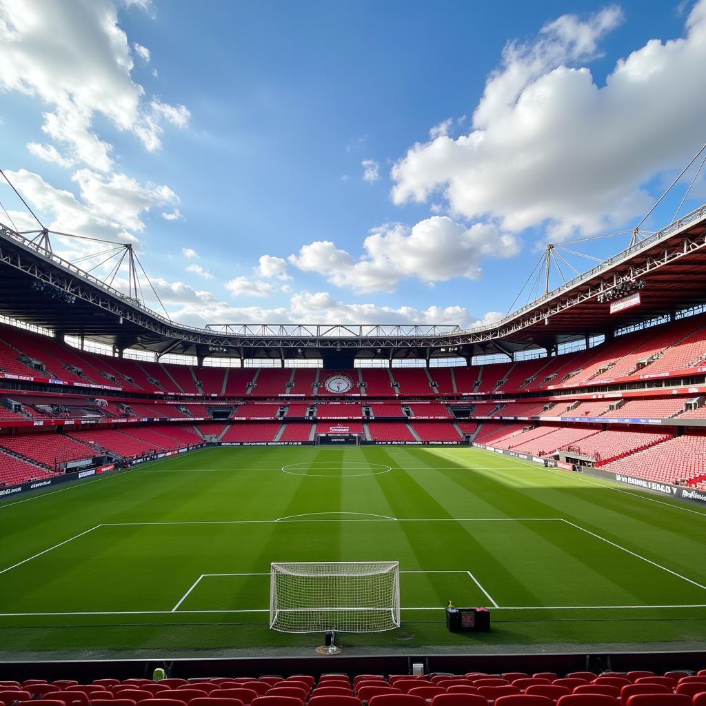 Die BayArena, Heimstadion von Bayer 04 Leverkusen, in der Nähe des Hotels Lindner Leverkusen