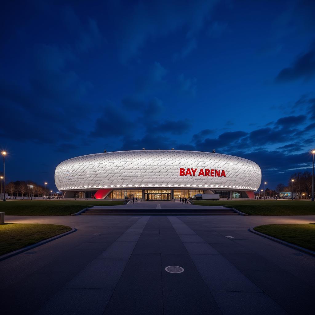 Das beeindruckende Stadion des Bayer 0 Leverkusen bei Nacht.