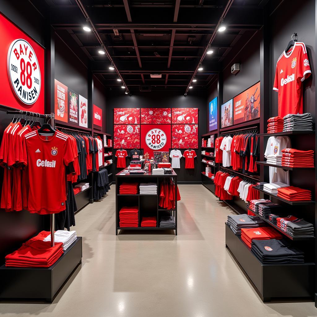 Innenansicht des Bayer 04 Fanshop Leverkusen mit einer großen Auswahl an Fanartikeln