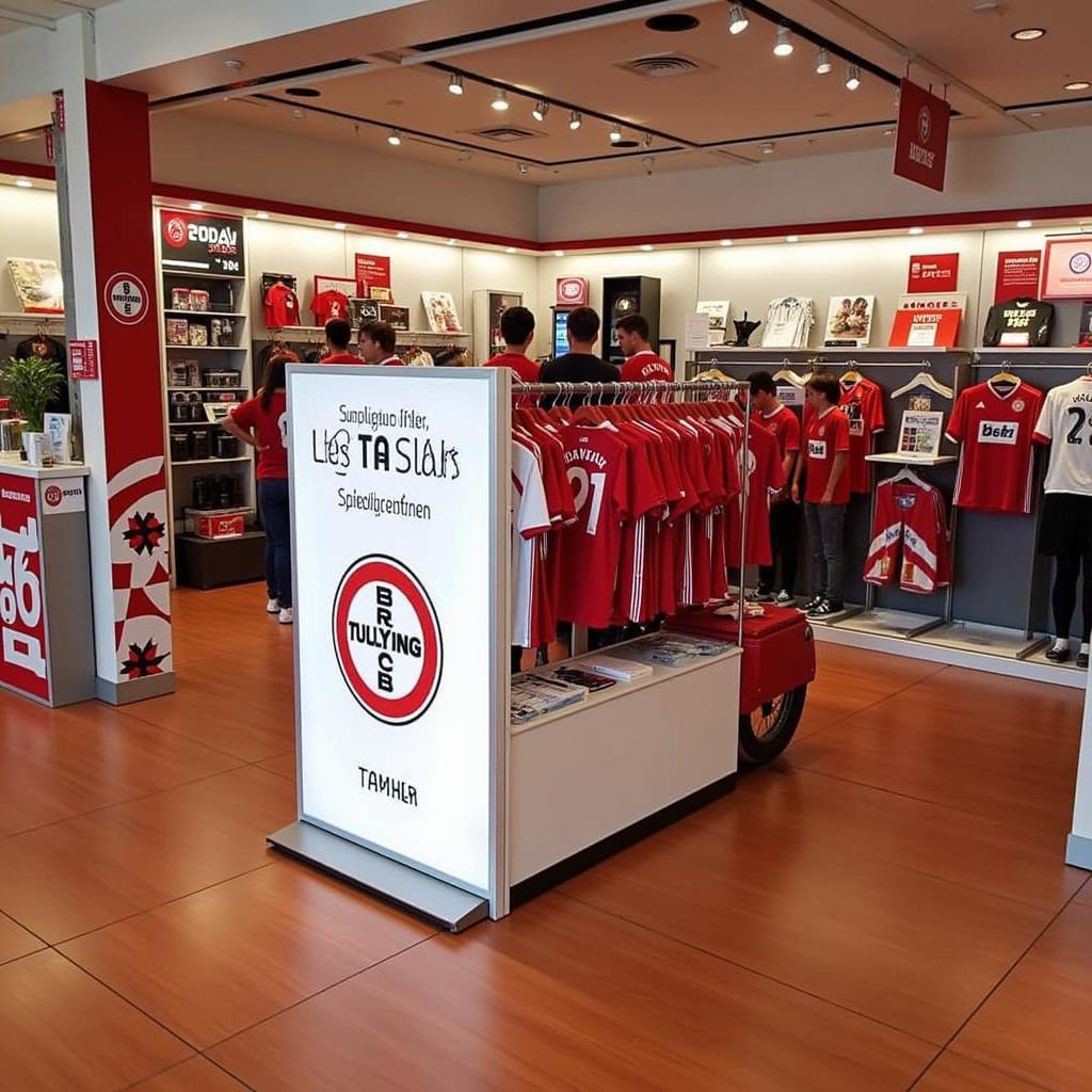 Schild mit der Aufschrift "Sonderangebote" im Bayer 04 Fanshop Leverkusen