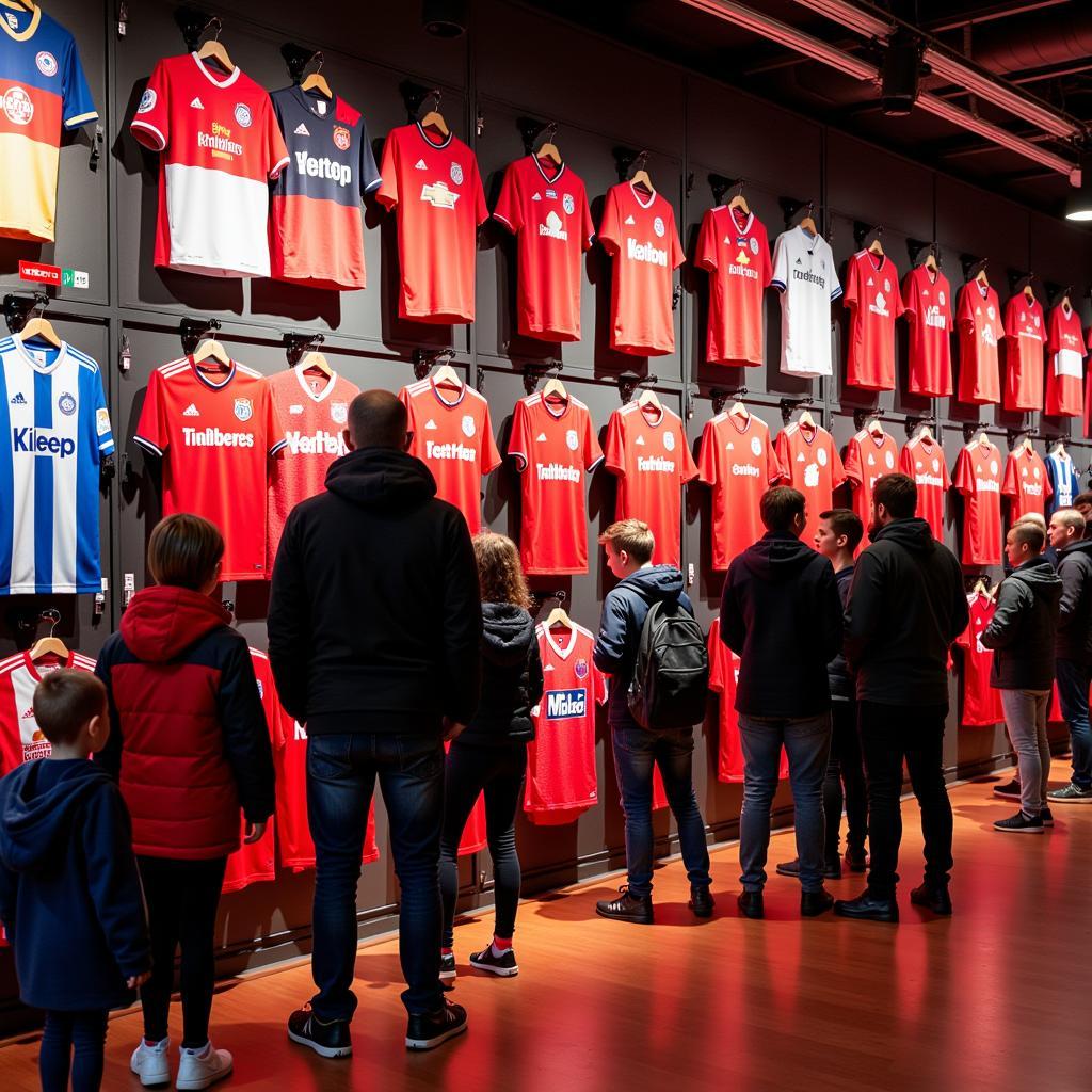 Innenansicht des Bayer 04 Fanshop mit Fokus auf Trikotwand