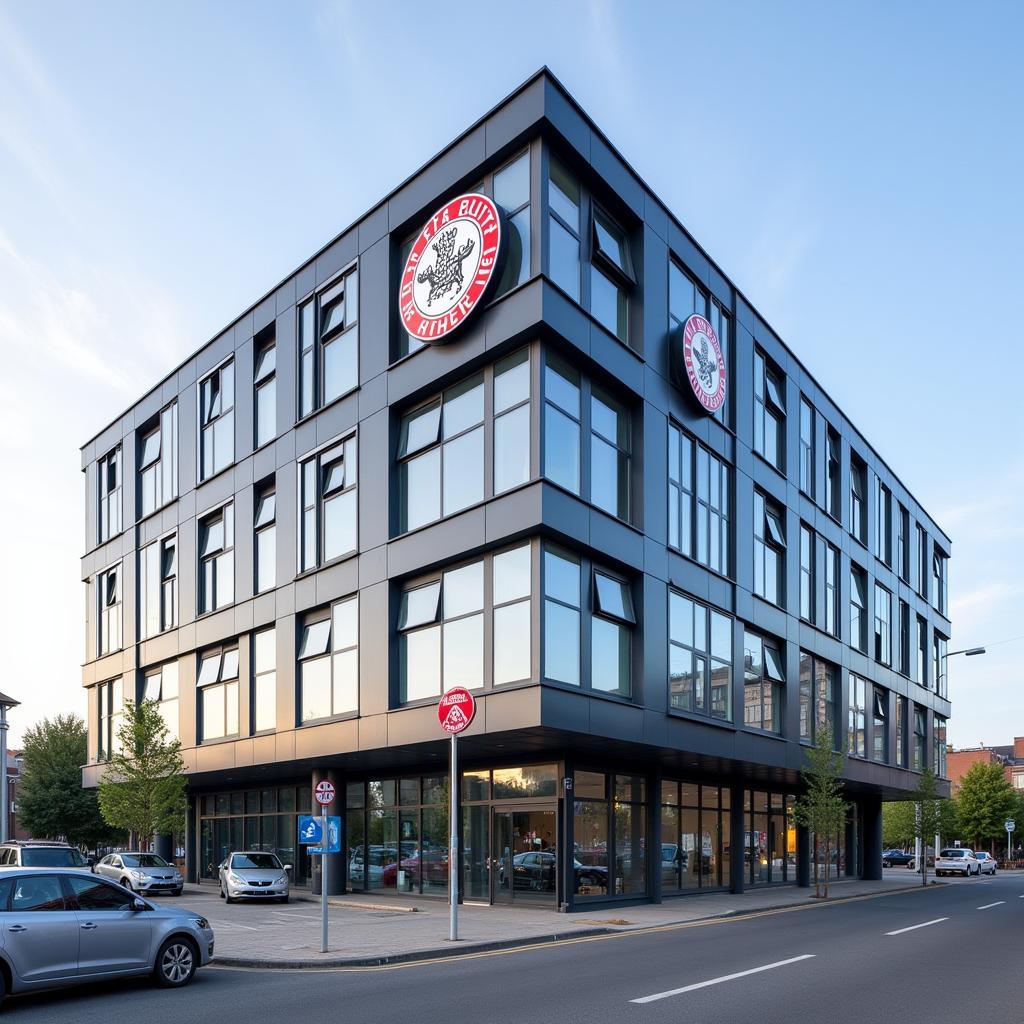 Modernes Bürogebäude der Bayer 04 Leverkusen Basics GmbH