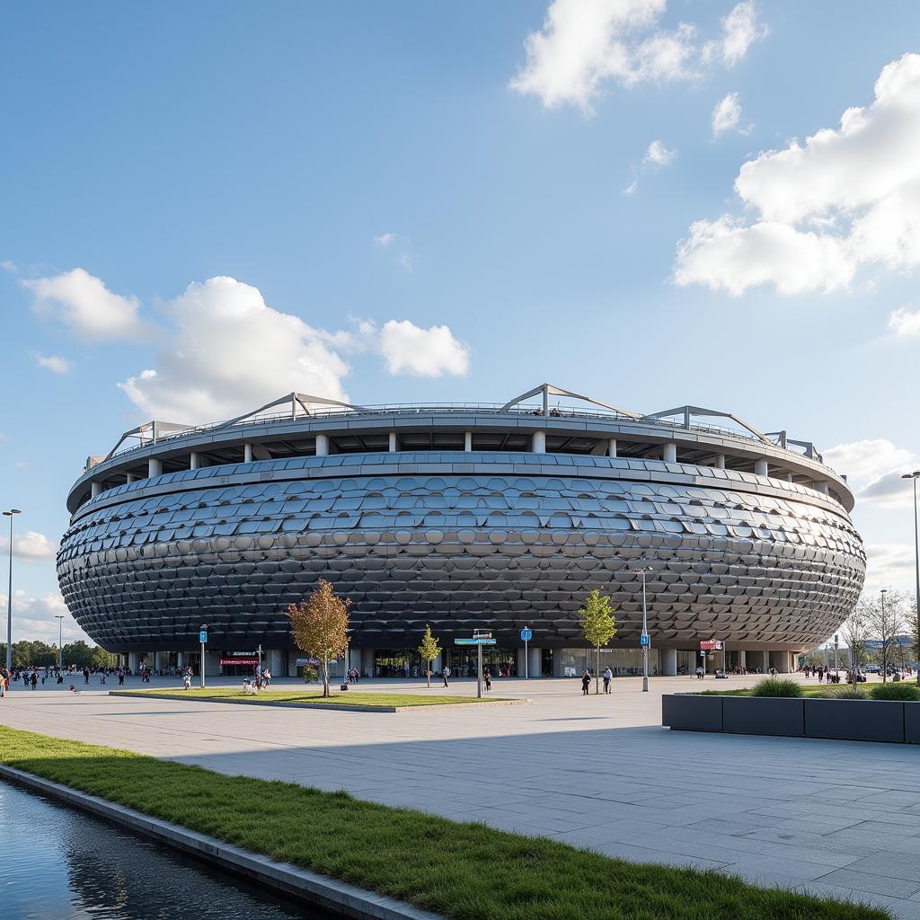 Bayer 04 Leverkusen BayArena Aussenansicht: Das moderne Stadion erstrahlt in seiner architektonischen Pracht.