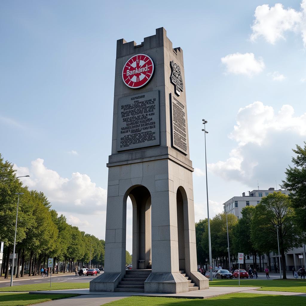 Imposantes Denkmal zu Ehren von Bayer 04 Leverkusen an der Alkenrather Straße