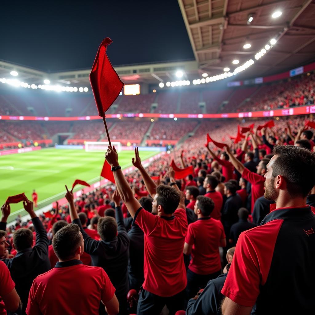 Jubelnde Fans von Bayer 04 Leverkusen im Stadion