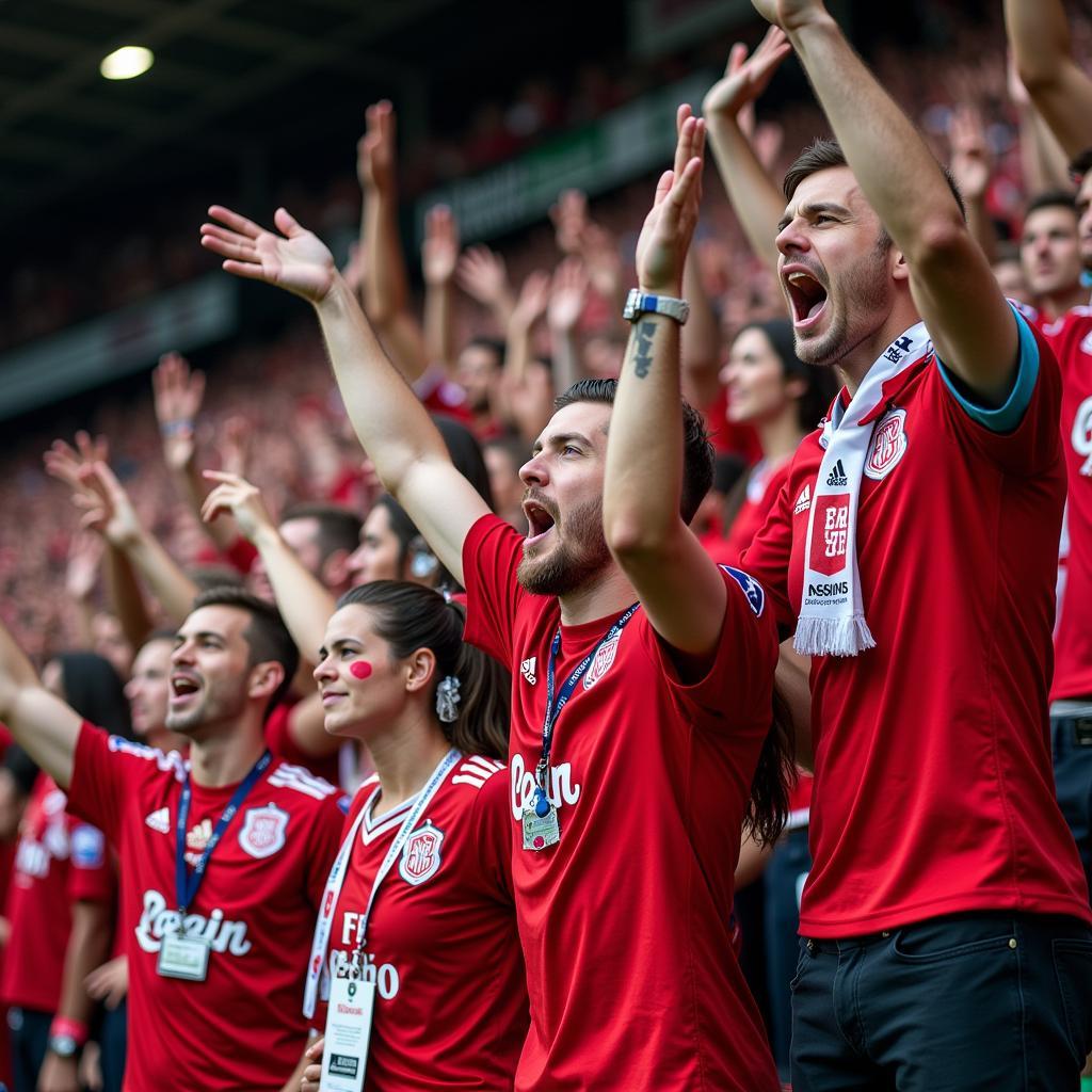 Fans von Bayer 04 Leverkusen zeigen ihre Unterstützung auf der Tribüne