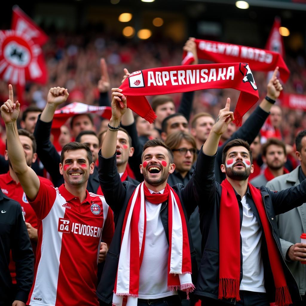 Fans von Bayer 04 Leverkusen feiern ihre Mannschaft