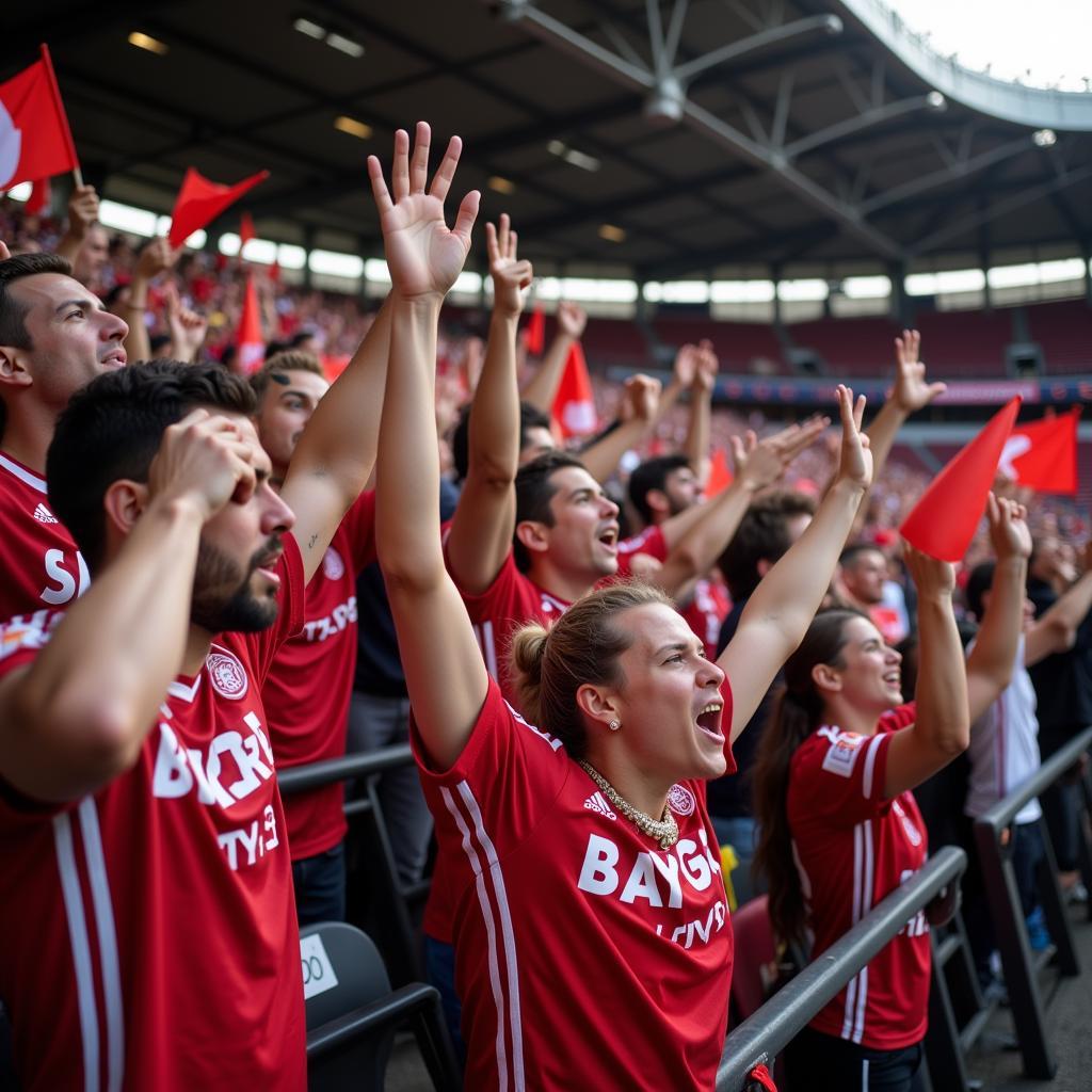 Fans von Bayer 04 Leverkusen feiern auf den Rängen der BayArena