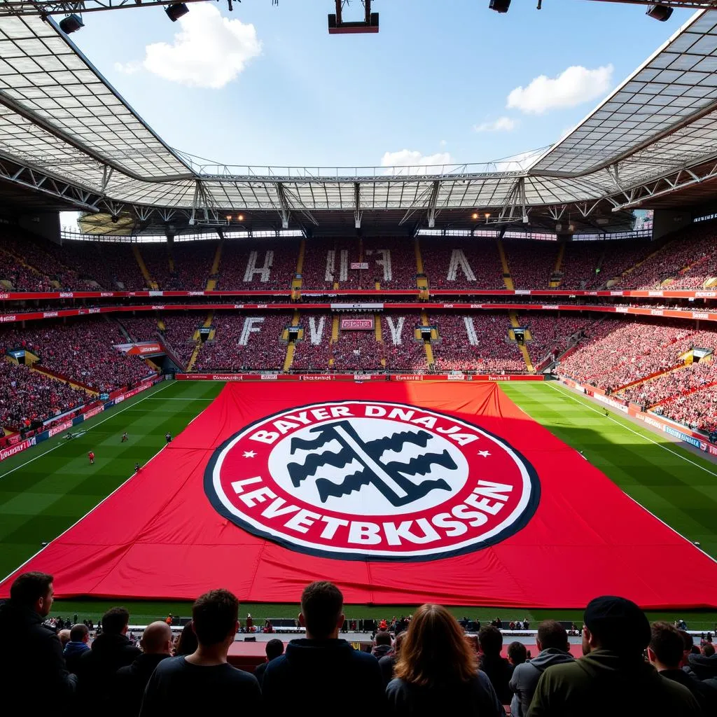 Fans von Bayer 04 Leverkusen mit Fahne