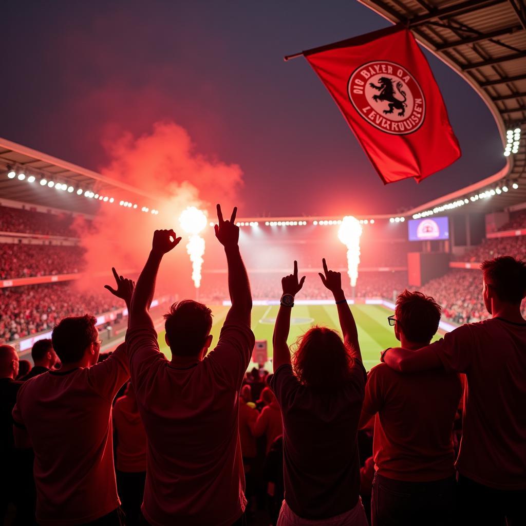 Fans von Bayer 04 Leverkusen feiern im Stadion