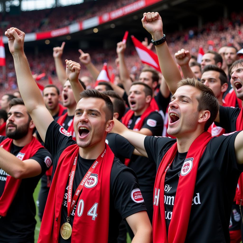 Fans von Bayer 04 Leverkusen feiern einen Sieg