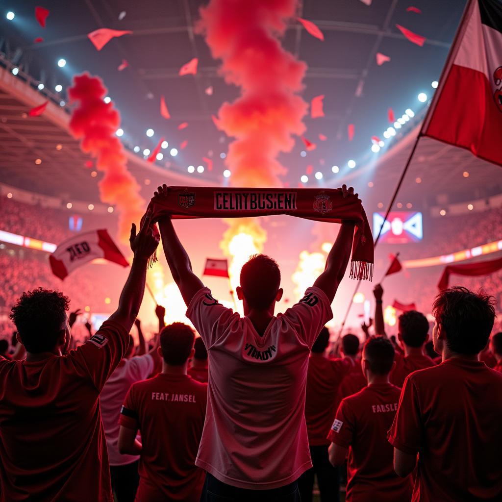 Bayer 04 Leverkusen Fans feiern einen Champions League Sieg