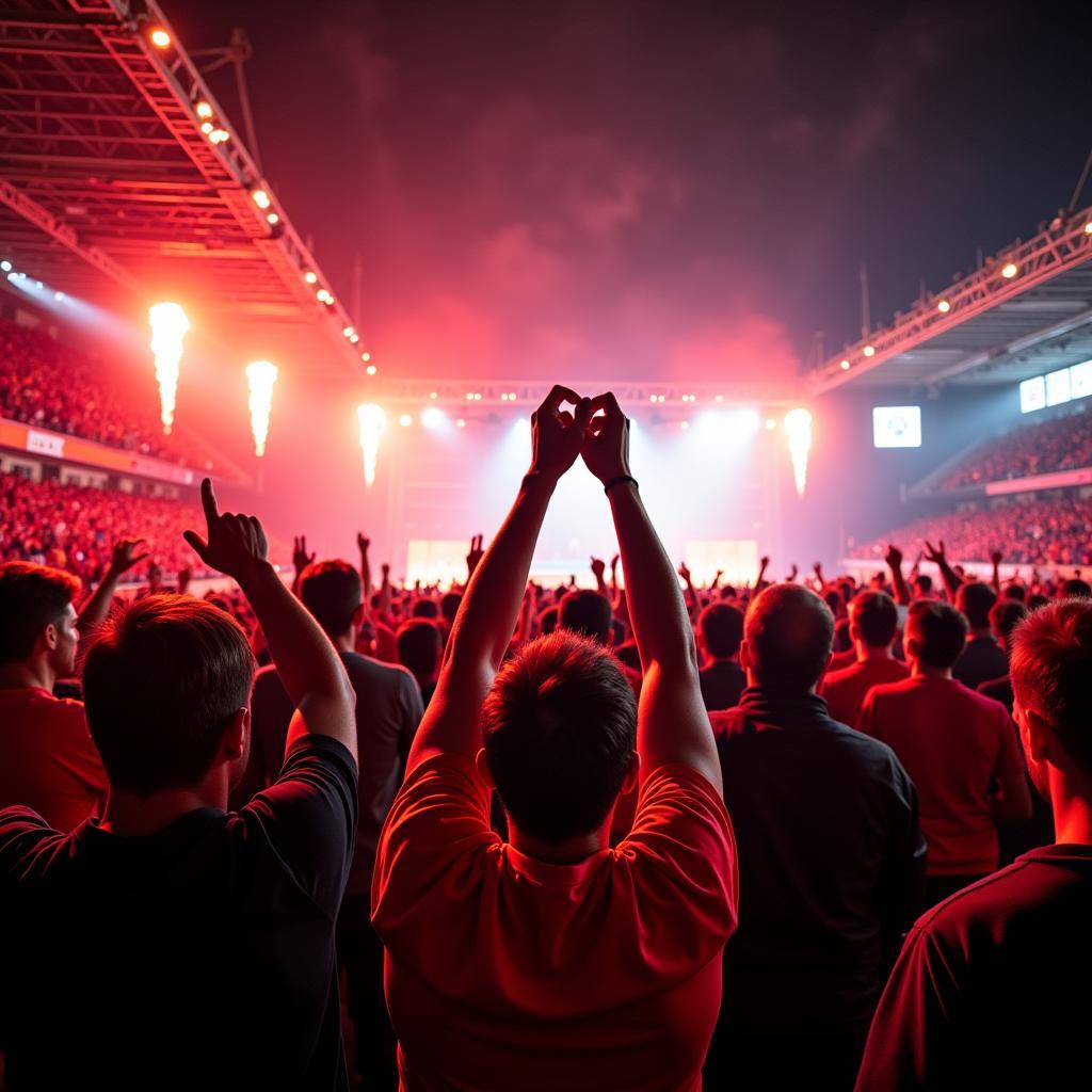 Fans von Bayer 04 Leverkusen unterstützen ihr Team bei einem Europa League Spiel im Stadion