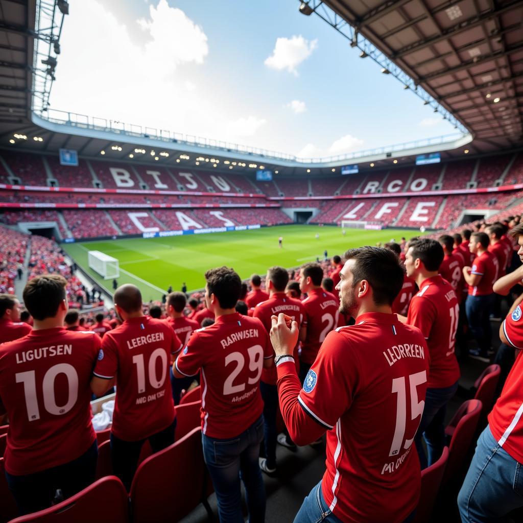 Bayer 04 Leverkusen Fans im Stadion mit Trikots