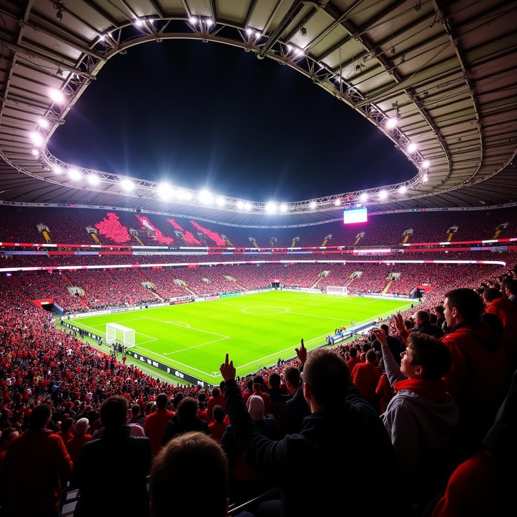 Fans von Bayer 04 Leverkusen feiern in der BayArena