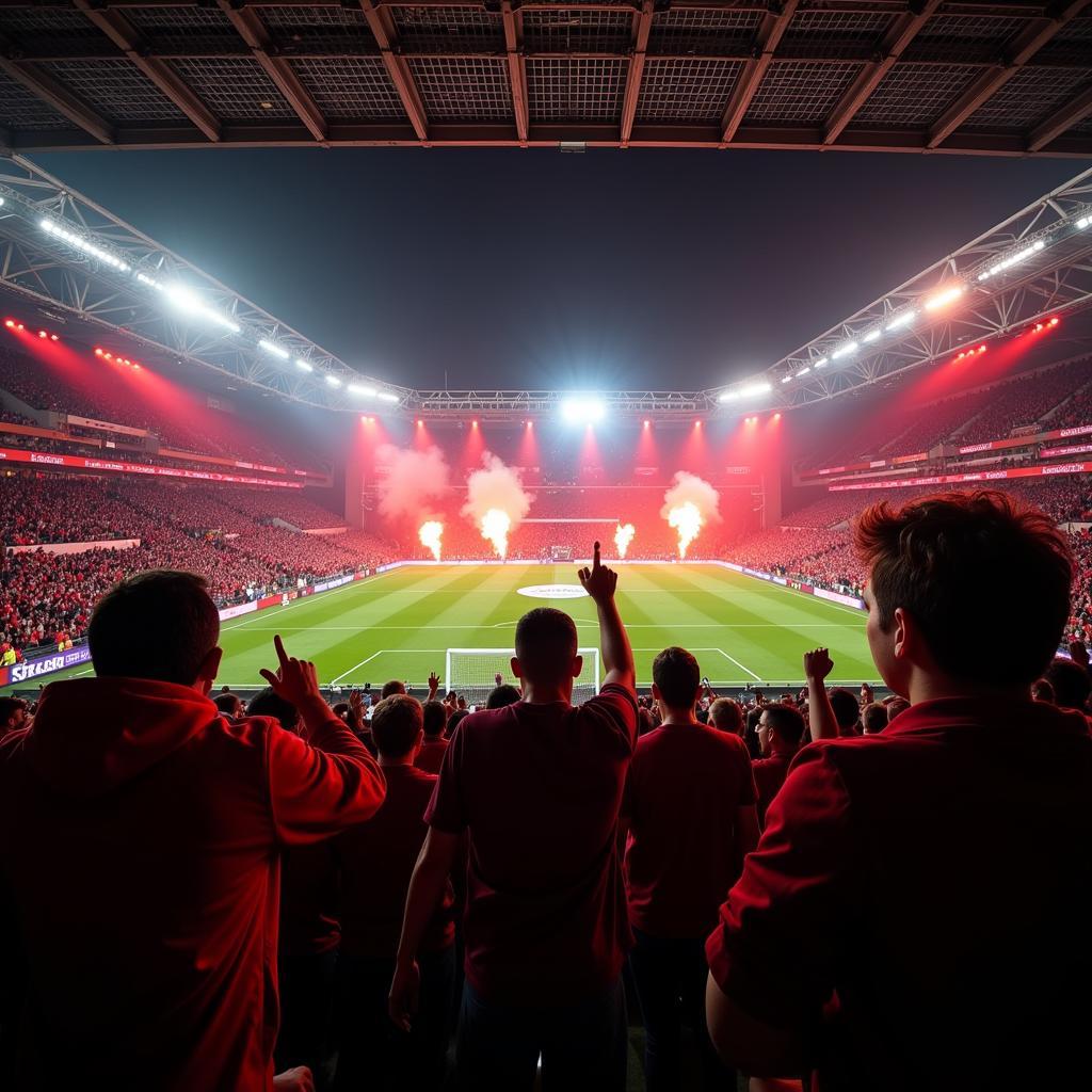 Fans von Bayer 04 Leverkusen bejubeln ihre Mannschaft