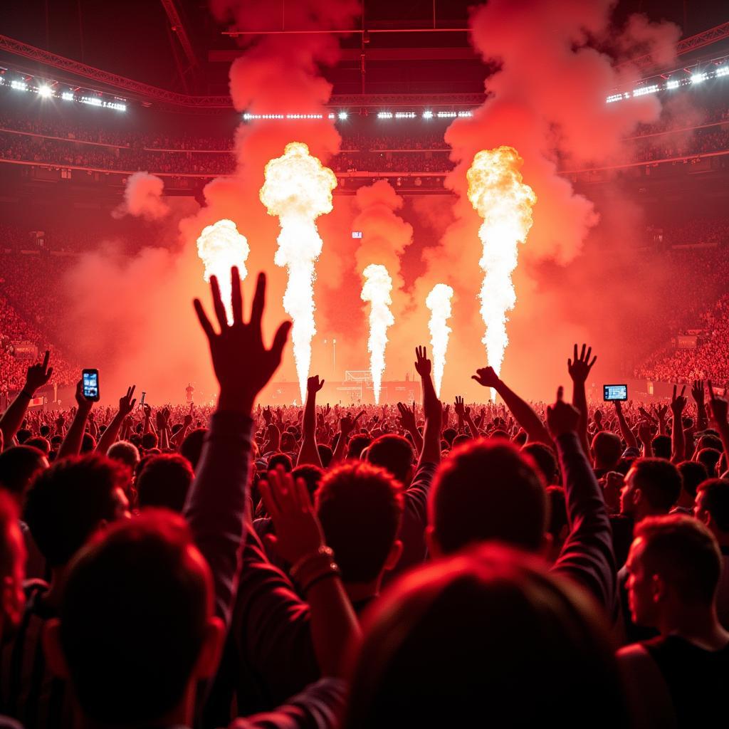 Fans von Bayer 04 Leverkusen jubeln im Stadion