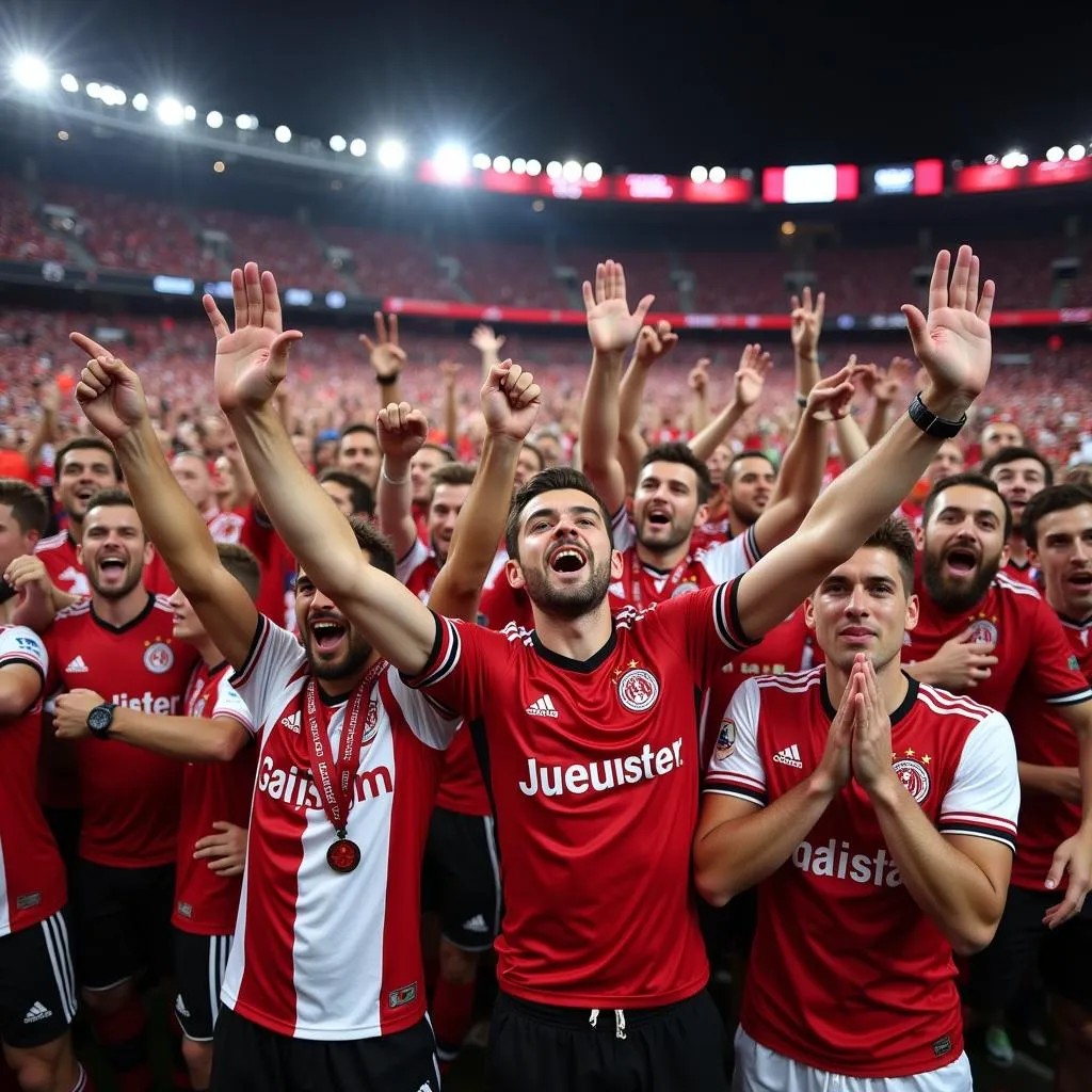 Fans von Bayer 04 Leverkusen jubeln im Stadion