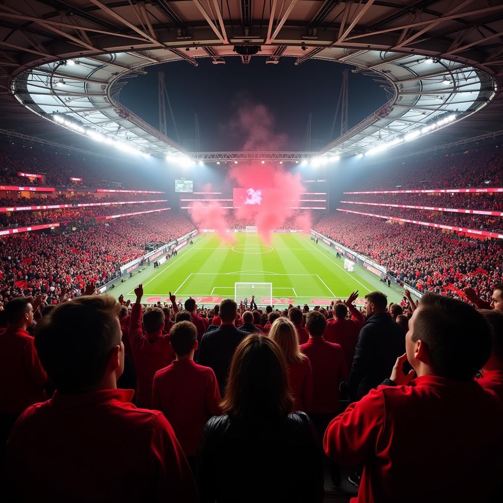 Fans des Bayer 04 Leverkusen jubeln im Stadion