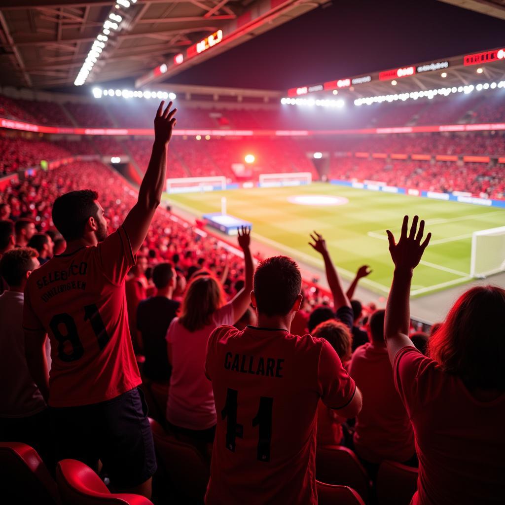 Fans von Bayer 04 Leverkusen unterstützen ihre Mannschaft im Stadion