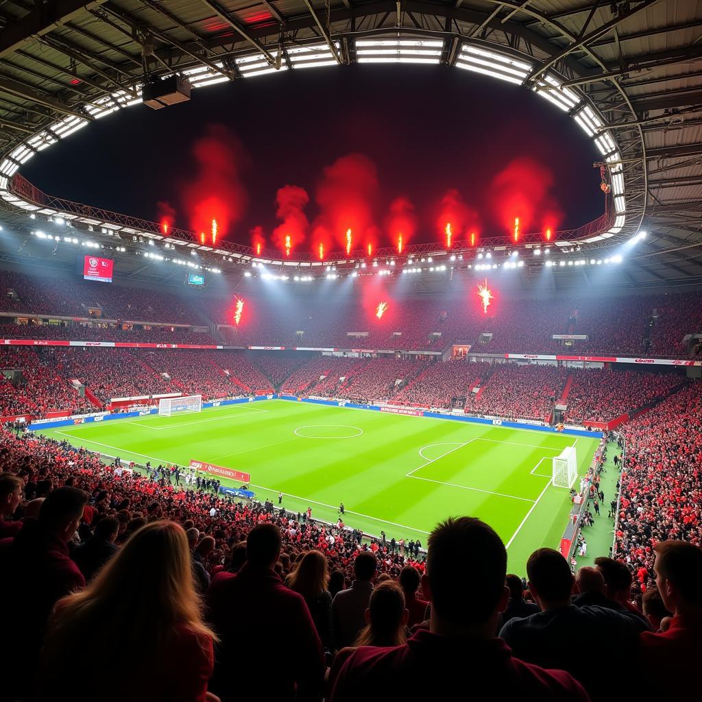 Fans von Bayer 04 Leverkusen feiern in der BayArena