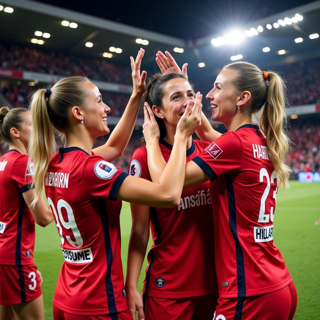 Spielerinnen des Bayer 04 Leverkusen Frauen bedanken sich nach dem Spiel bei den Fans