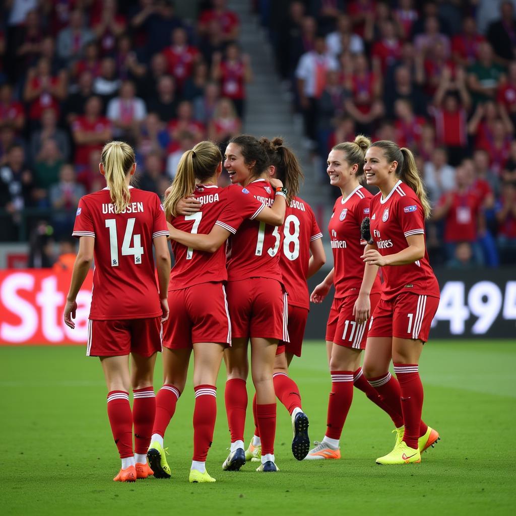 Spielerinnen des Bayer 04 Leverkusen Frauen im Stadion