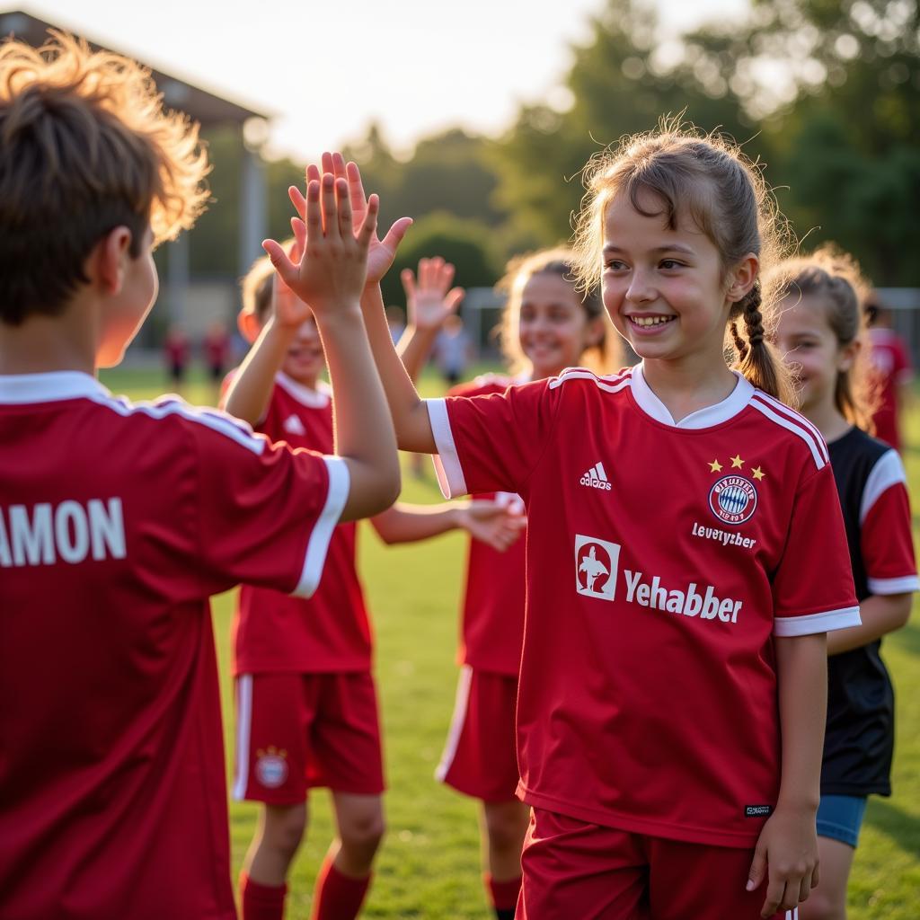 Teilnehmer des Bayer 04 Leverkusen Fußballcamps feiern gemeinsam einen Sieg