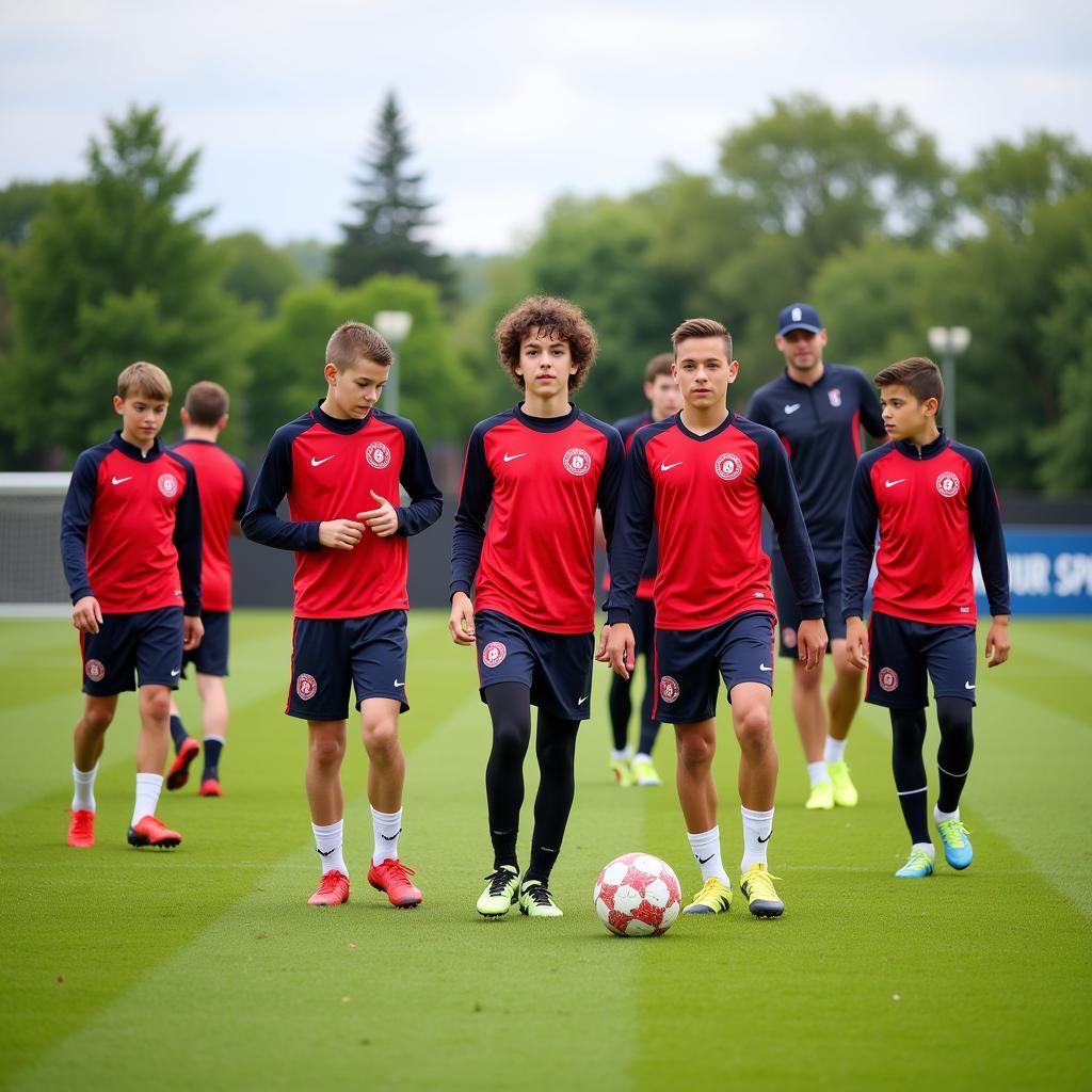 Junge Fußballer trainieren auf dem Platz beim Bayer 04 Leverkusen Fußballcamp