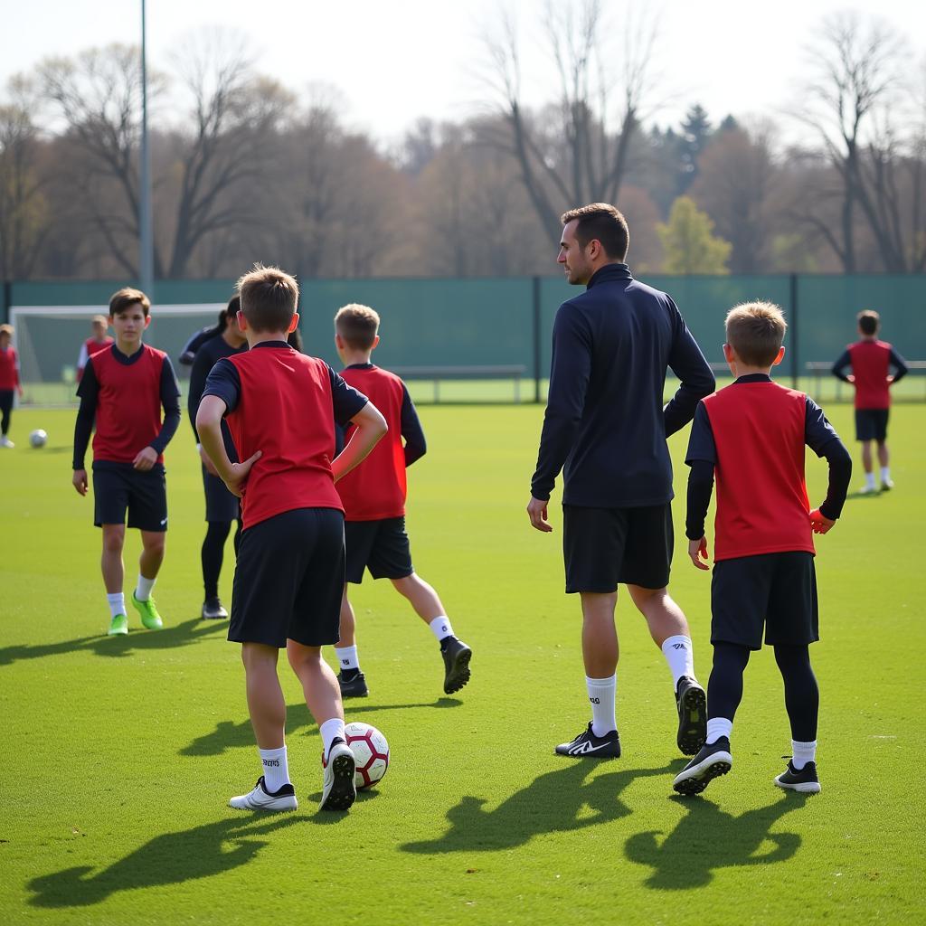 Junge Fußballer trainieren auf dem Trainingsgelände von Bayer 04 Leverkusen