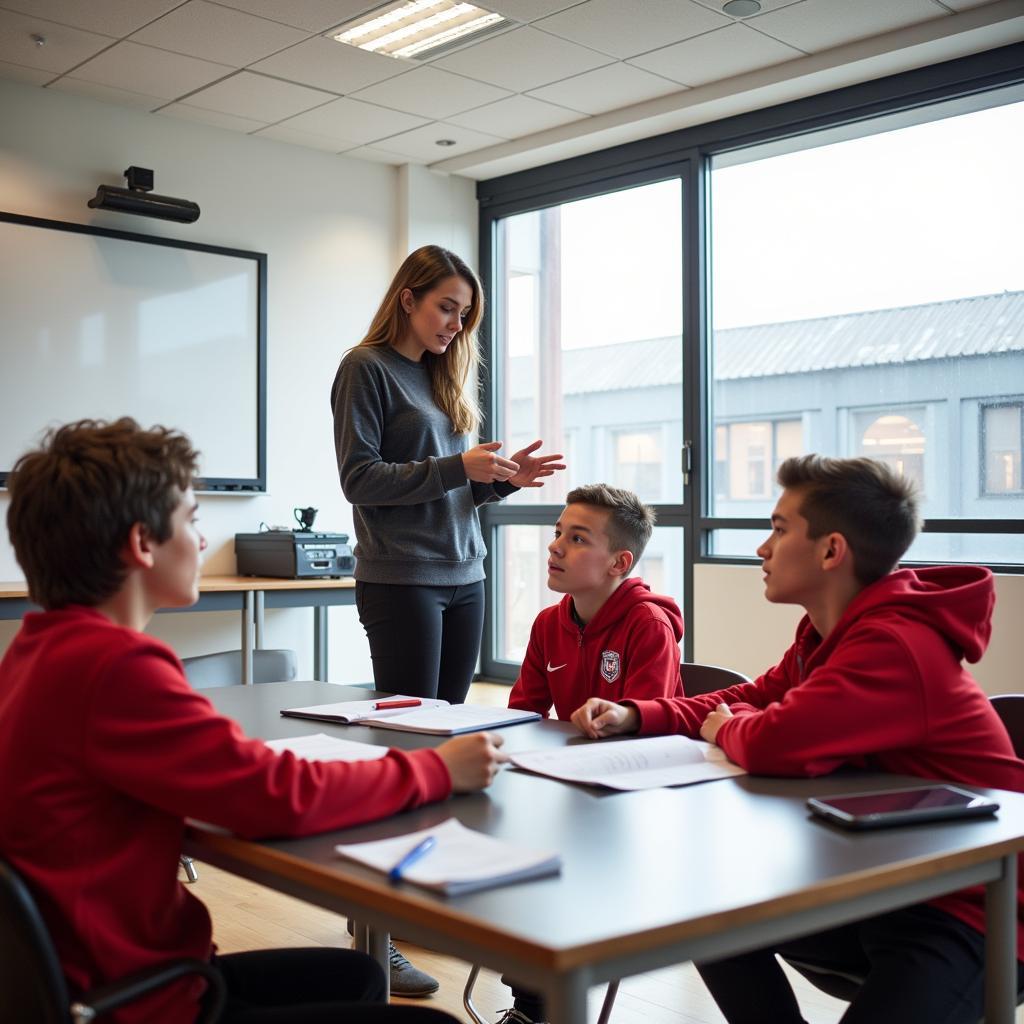 Ein Lehrer unterrichtet junge Spieler in einem Klassenzimmer der Bayer 04 Leverkusen Jugendakademie.