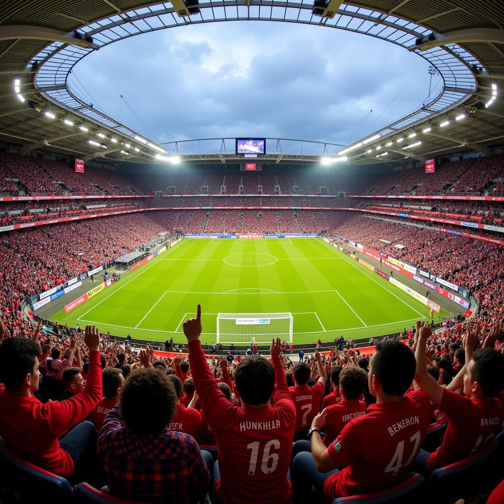 Fans im Stadion mit Bayer 04 Leverkusen Shorts