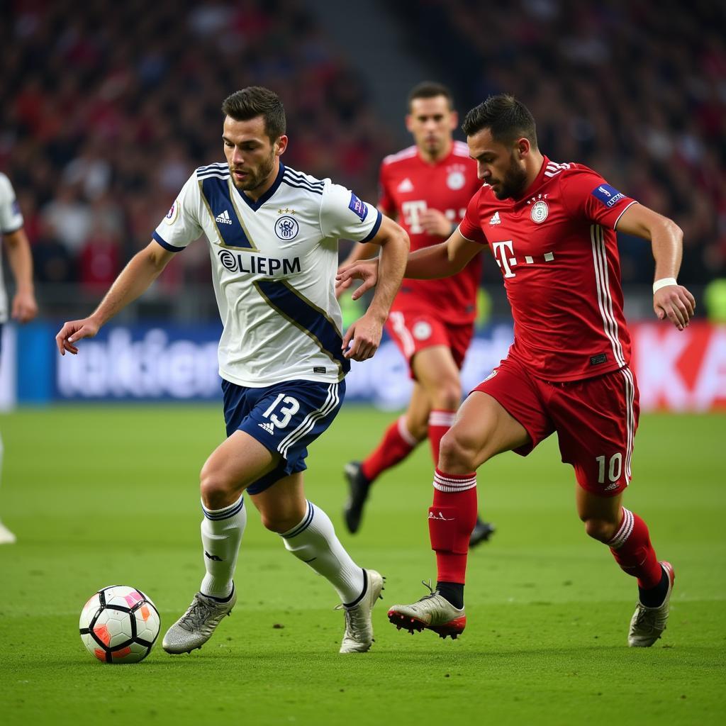 Ein Spieler von Bayer 04 Leverkusen am Ball, während Hoffenheim-Spieler versuchen, ihn zu stoppen.