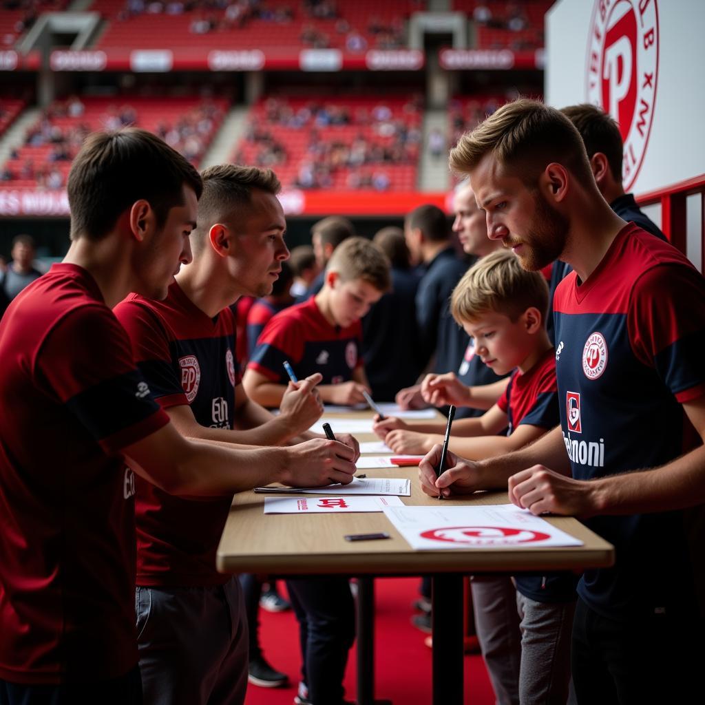 Spieler von Bayer 04 Leverkusen geben Autogramme