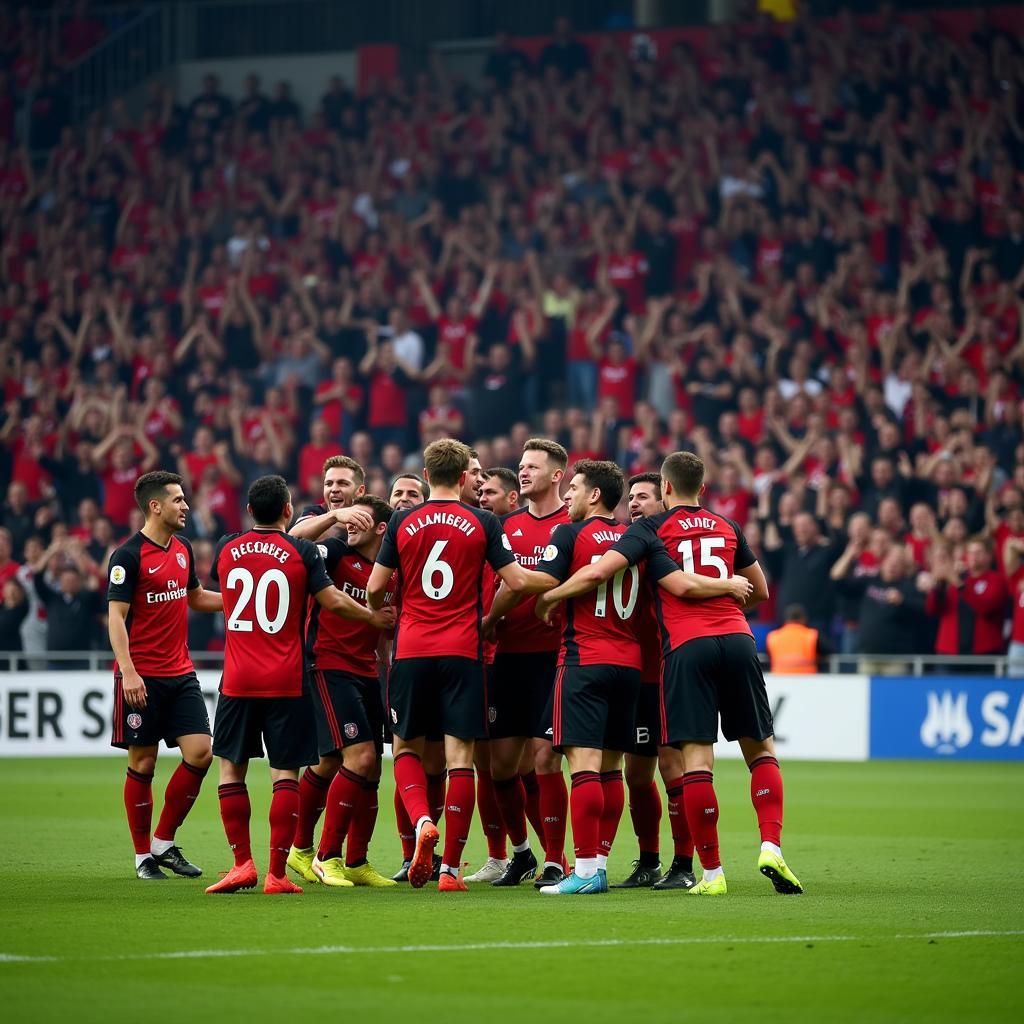 Die Spieler von Bayer 04 Leverkusen bejubeln ein Tor vor der Nordkurve der BayArena.