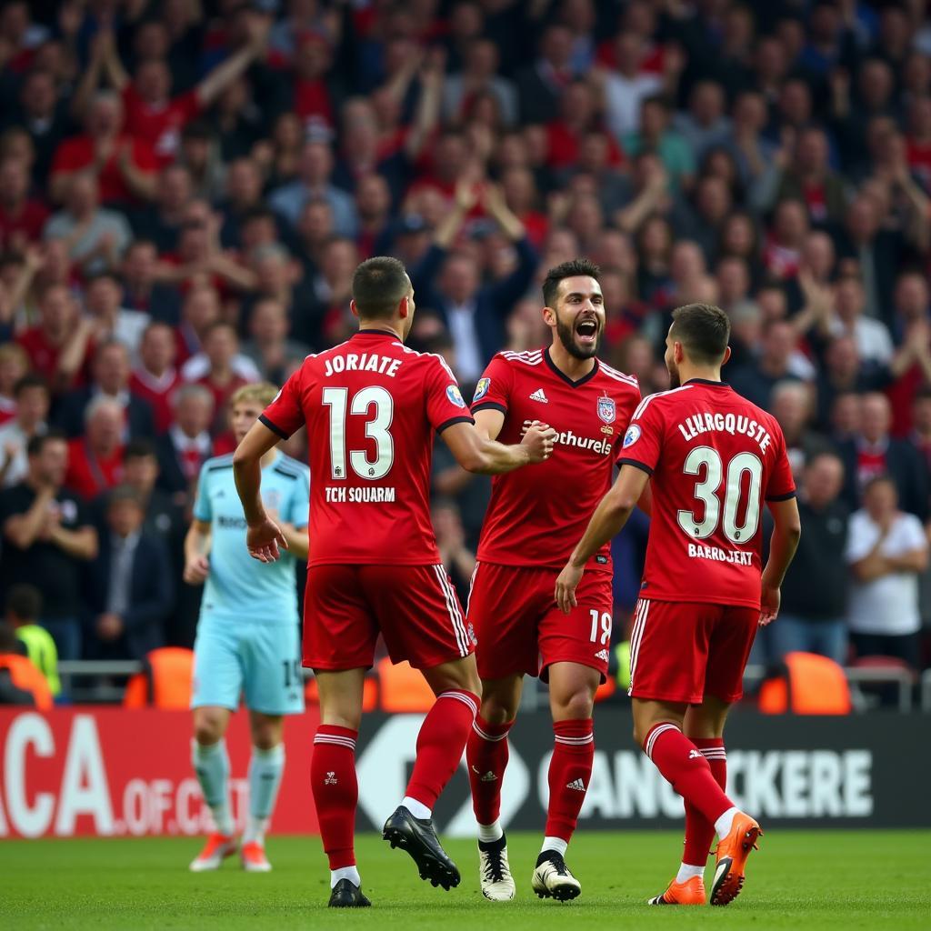 Spieler von Bayer 04 Leverkusen feiern ein Tor vor jubelnden Fans