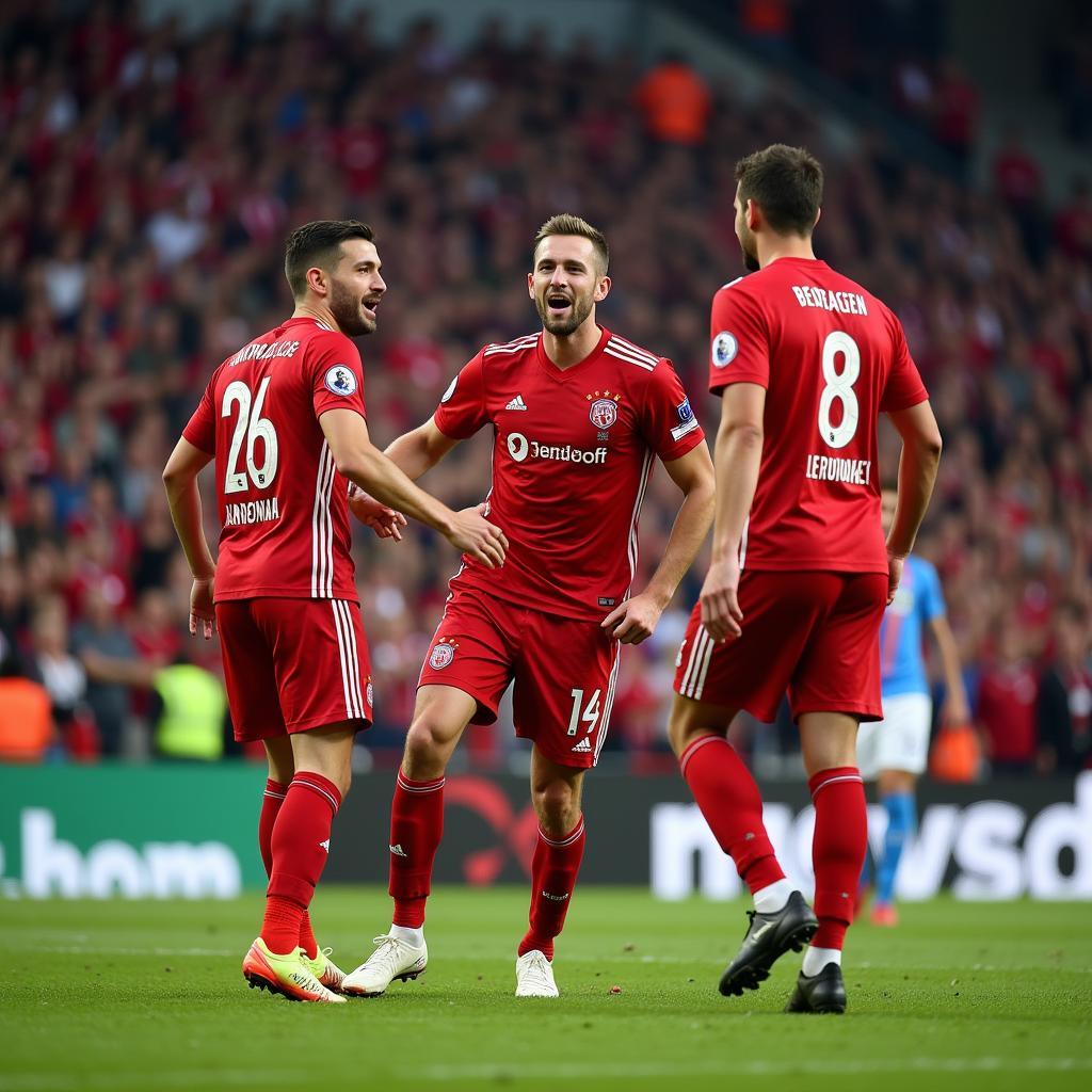 Spieler von Bayer 04 Leverkusen jubeln mit den Fans