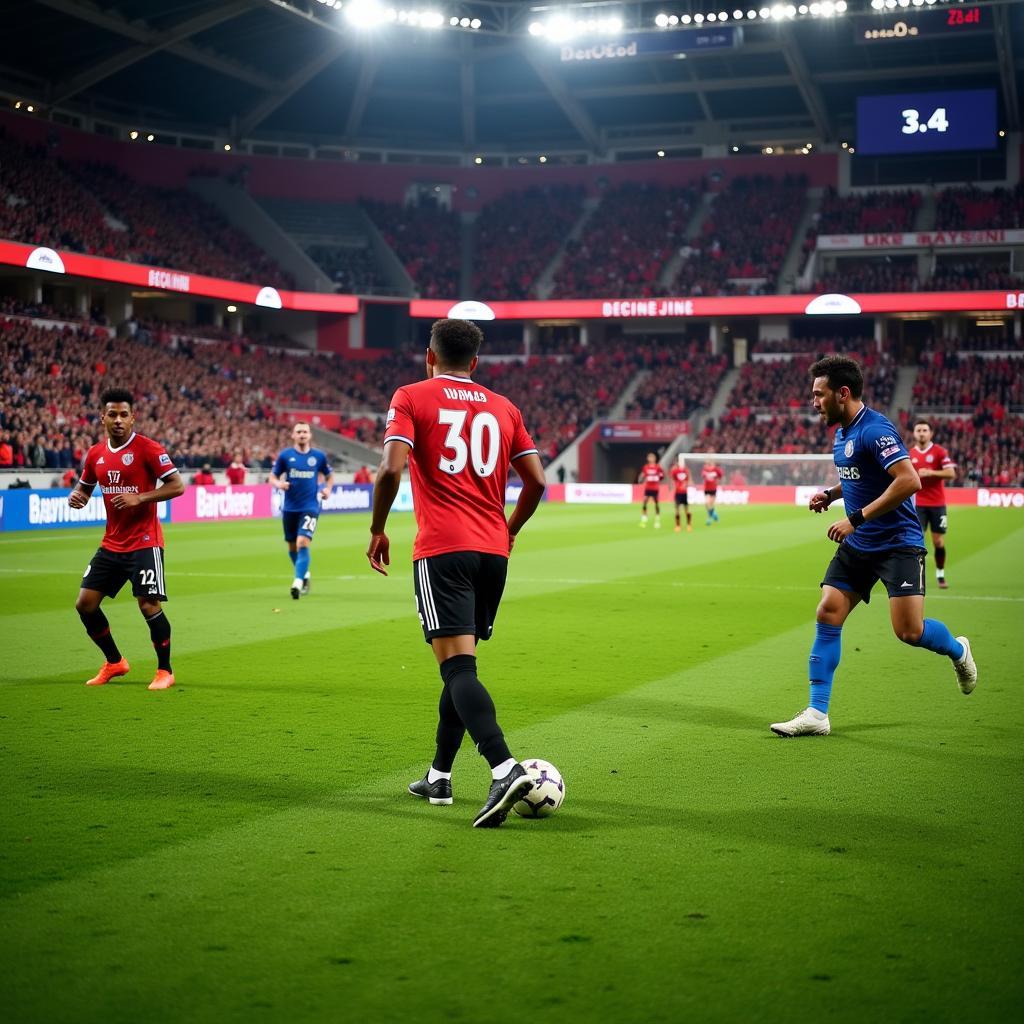 Spieler von Bayer 04 Leverkusen mit Fußballschuhen auf dem Platz